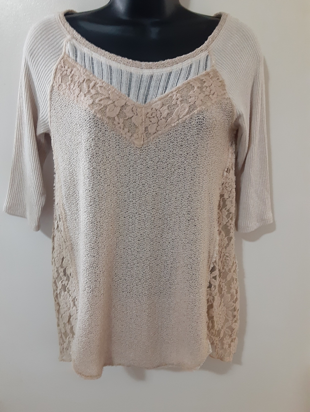 We The Free Cream Textured Knit Lace Panel Boho Sweater Top Small - Picture 3 of 9